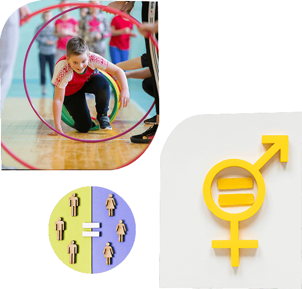 composicion de fotografías y elementos: unis nños jugando en una gymkhana, simobolo de hombre y mujer representando igualdad